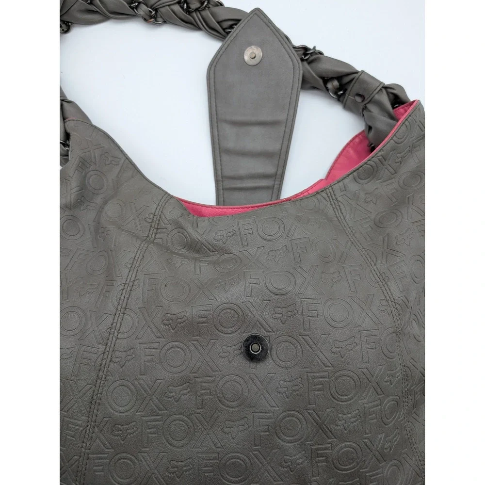 Fox Racing Grey Embossed Logo Hobo Bag Pink Interior Braided Chain Strap Womens